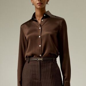 DKNY Brown Silk Button-Up Shirt